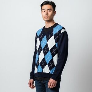 J.‎ Crew Pima Cotton Argyle V-Neck Sweater Men's XL Blue & White